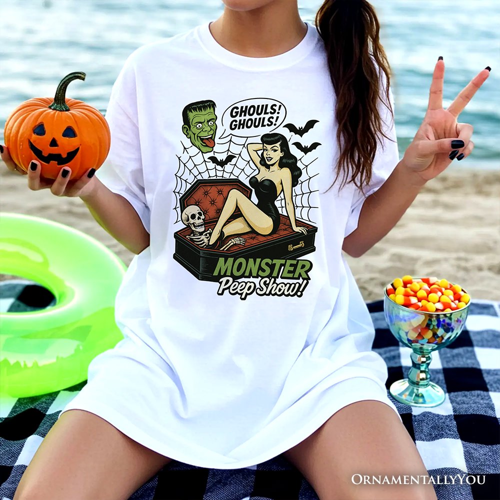 Monster Peep Show Pin-Up T-Shirt, Retro Horror Halloween Tee T-Shirts OrnamentallyYou 