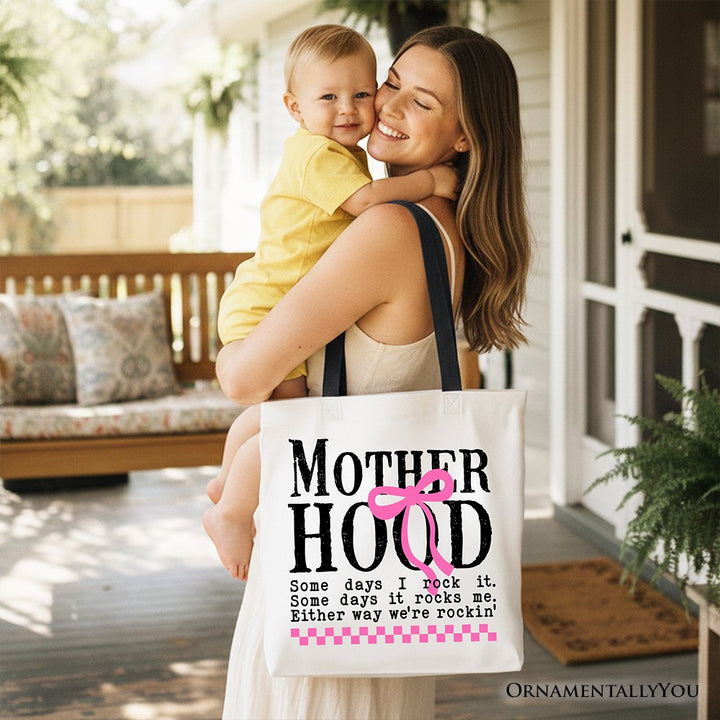 Motherhood Coquette Pink Bow Tote Bag, Retro Checkered Gift Shopper Tote Bag OrnamentallyYou 