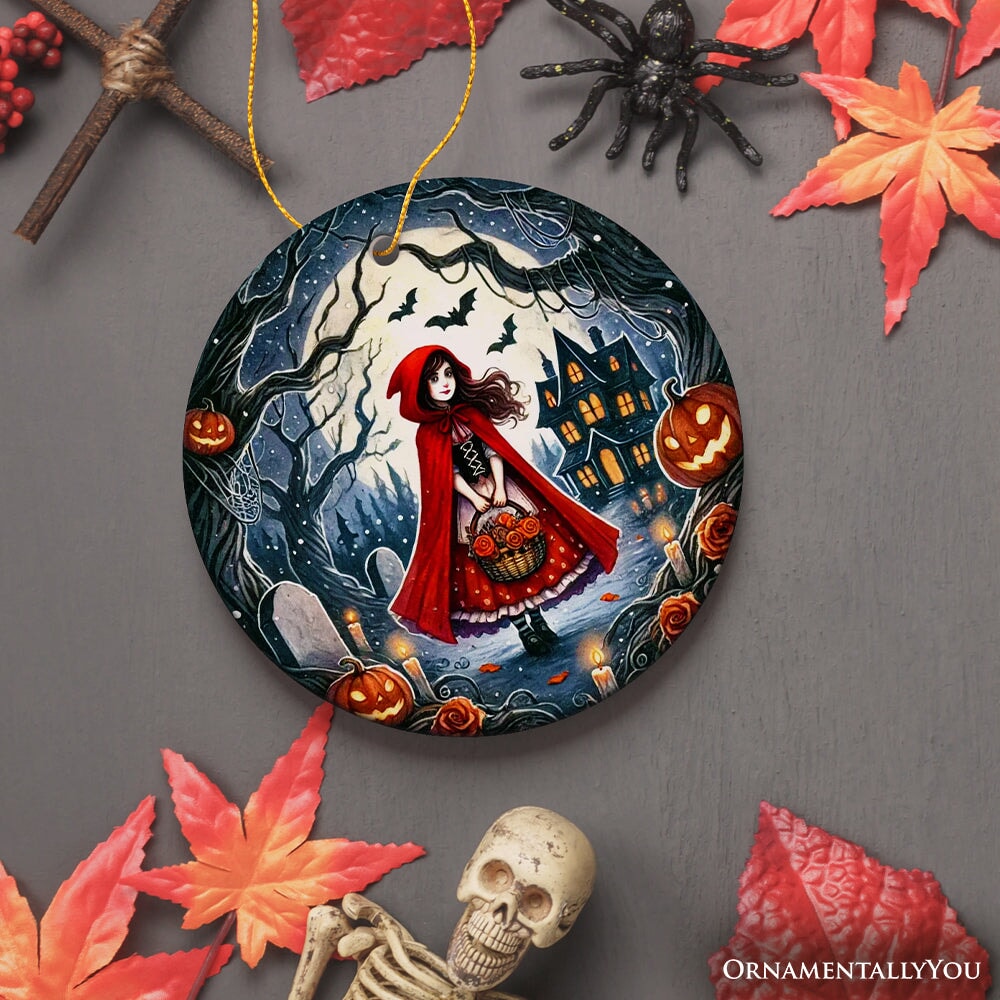 Mysterious Red Riding Hood in the Woods Ornament, Spooky Halloween Tree Decor Ceramic Ornament OrnamentallyYou Circle Version 2 