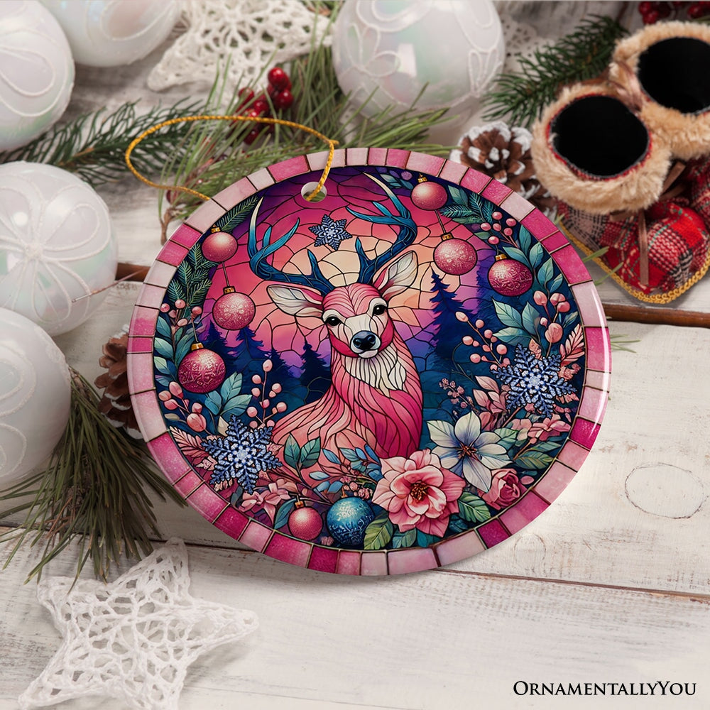 Mystical Yuletide Deer Pink Themed Ornament, Elegant Christmas Tree Decor Ceramic Ornament OrnamentallyYou 