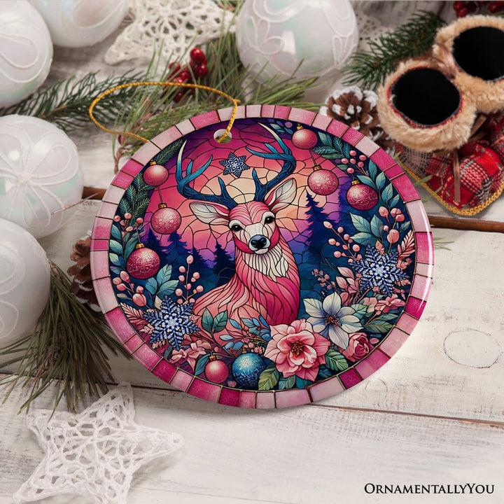 Mystical Yuletide Deer Pink Themed Ornament, Elegant Christmas Tree Decor Ceramic Ornament OrnamentallyYou 