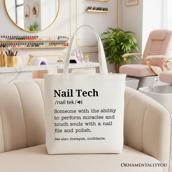 Nail Tech Definition Canvas Tote Bag, Funny Gift Shopper for Nail Hustler Tote Bag OrnamentallyYou White 