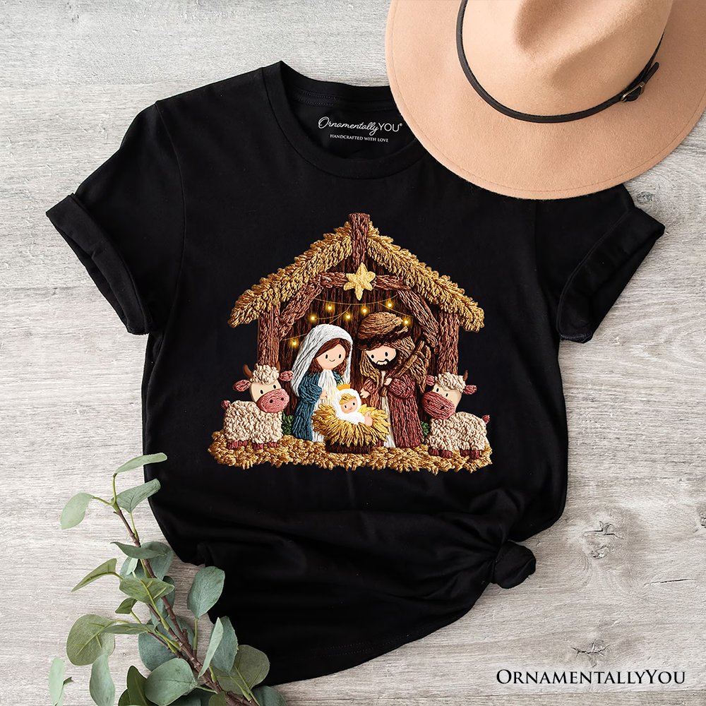 Nativity Holy Family Jesus Christmas T-Shirt, Imitation Latch Hook Yarn Cozy Christian Tee T-Shirts OrnamentallyYou Black XS 