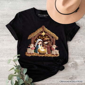 Nativity Holy Family Jesus Christmas T-Shirt, Imitation Latch Hook Yarn Cozy Christian Tee T-Shirts OrnamentallyYou Black XS 