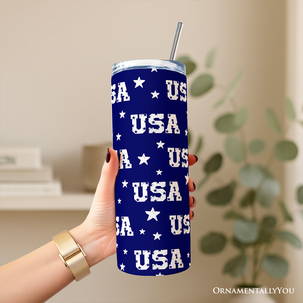 Navy USA Block Letters Pattern 20oz Personalized Tumbler With Lid and Stainless Steel Straw, Vintage Independence Day Patriotic Gift Cup