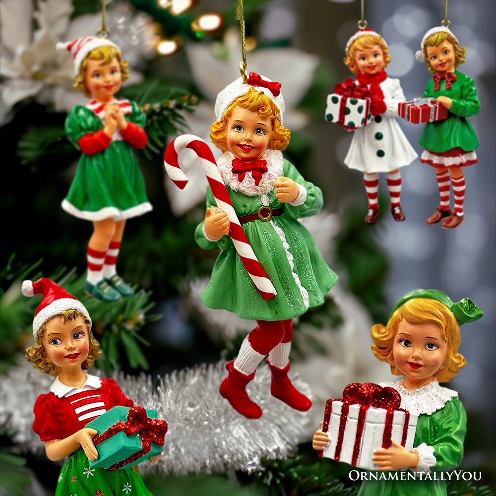 (Pre-Order) Nostalgic Victorian Christmas Girl Charming Set of 6 Ornaments, Vintage Old Fashioned Resin Holiday Decoration Ornament Bundle OrnamentallyYou 