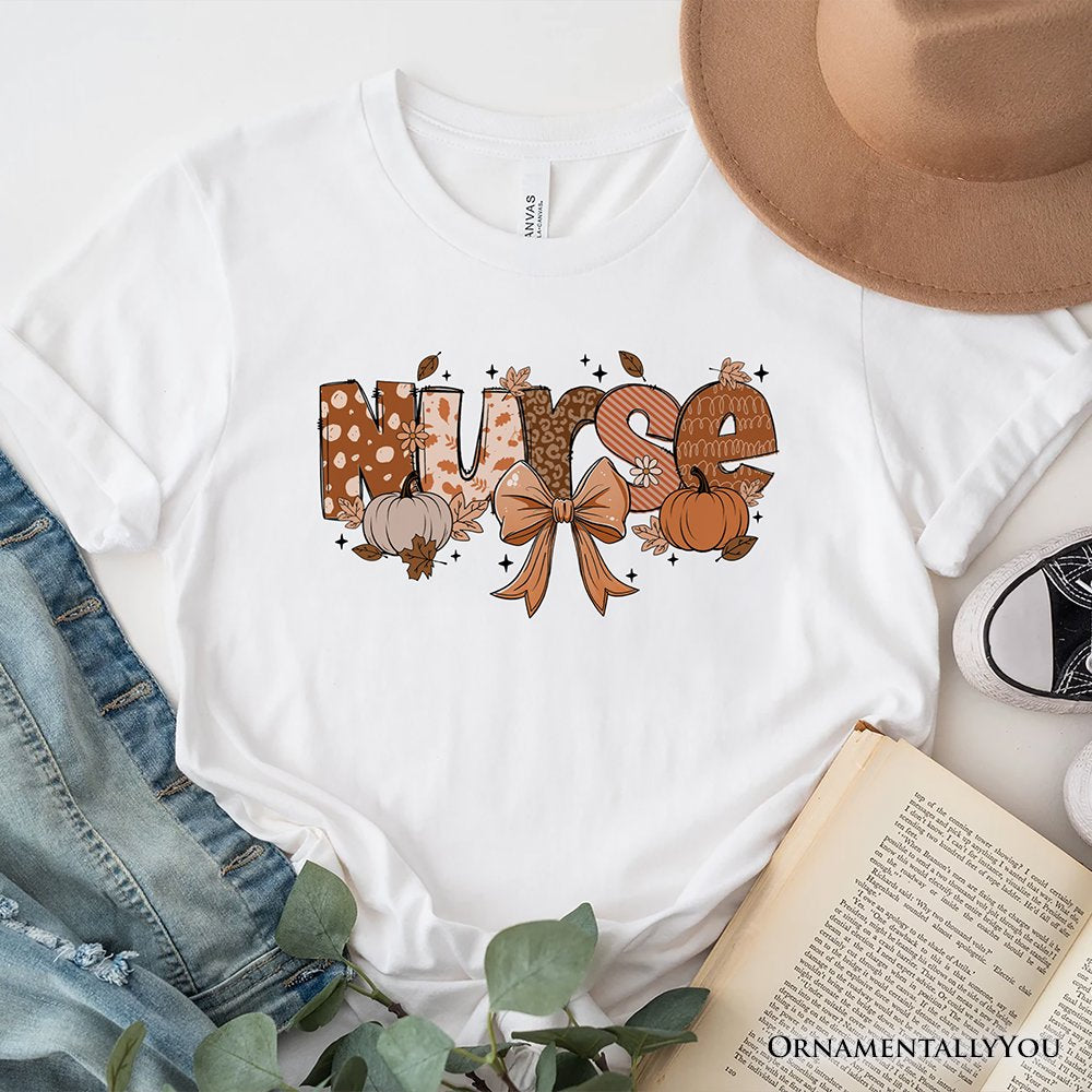 Nurse Coquette Autumn T-Shirt, Cozy Fall Pumpkins Tee for Healthcare Heroes T-Shirts OrnamentallyYou White XS 