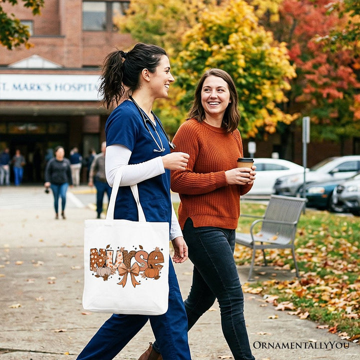 Nurse Coquette Autumn Tote Bag, Cozy Fall Pumpkins for Nurses Tote Bag OrnamentallyYou 