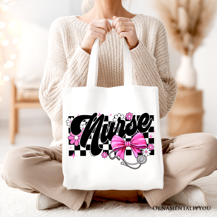 Nurse Floral Coquette Pink Bow Canvas Tote Bag, Retro Stethoscope Checkered Coworker Gift