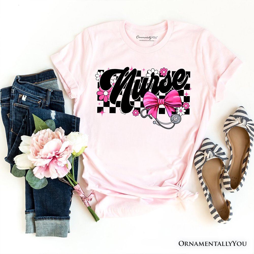 Nurse Floral Coquette Pink Bow T-Shirt, Retro Stethoscope Checkered Tee T-Shirts OrnamentallyYou Soft Pink XS 