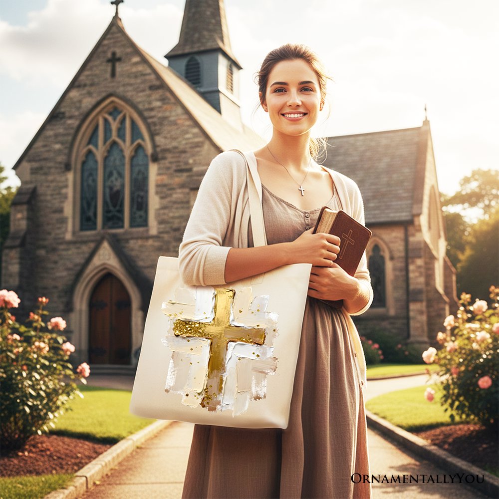 Oil Brushstroke Cross Canvas Tote Bag, Christian Faith Jesus Easter Gift Shopper Tote Bag OrnamentallyYou 