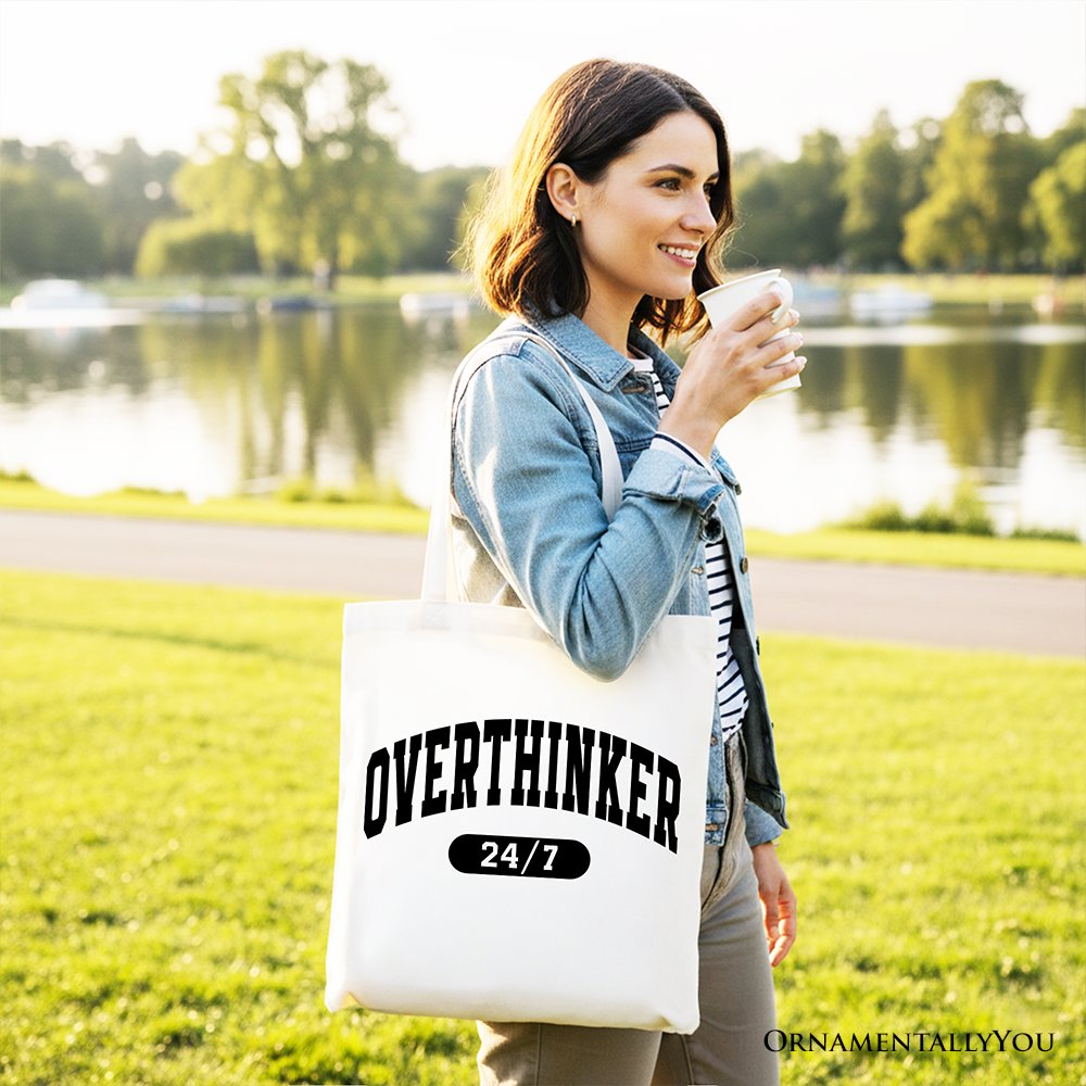 Over Thinker 24/7 Tote Bag, Minimalist Collegiate Gift Shopper for Tired Women Tote Bag OrnamentallyYou 