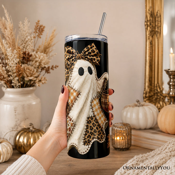 Patchwork Ghost Leopard 20oz Personalized Tumbler With Lid and Stainless Steel Straw, Rustic Fall Halloween Gift Cup