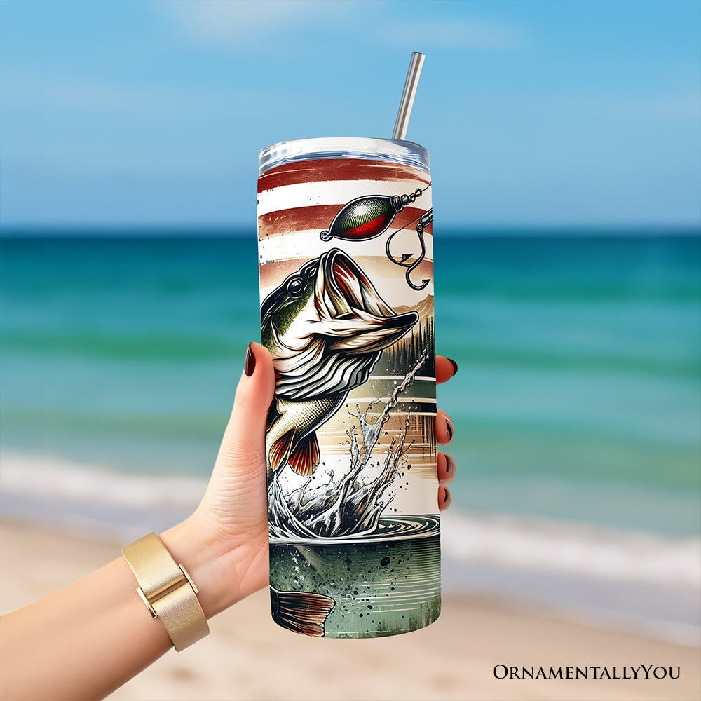 Patriotic Bass Fishing 20oz Personalized Tumbler With Lid and Stainless Steel Straw, Retro Angler Gift Cup Tumbler OrnamentallyYou 