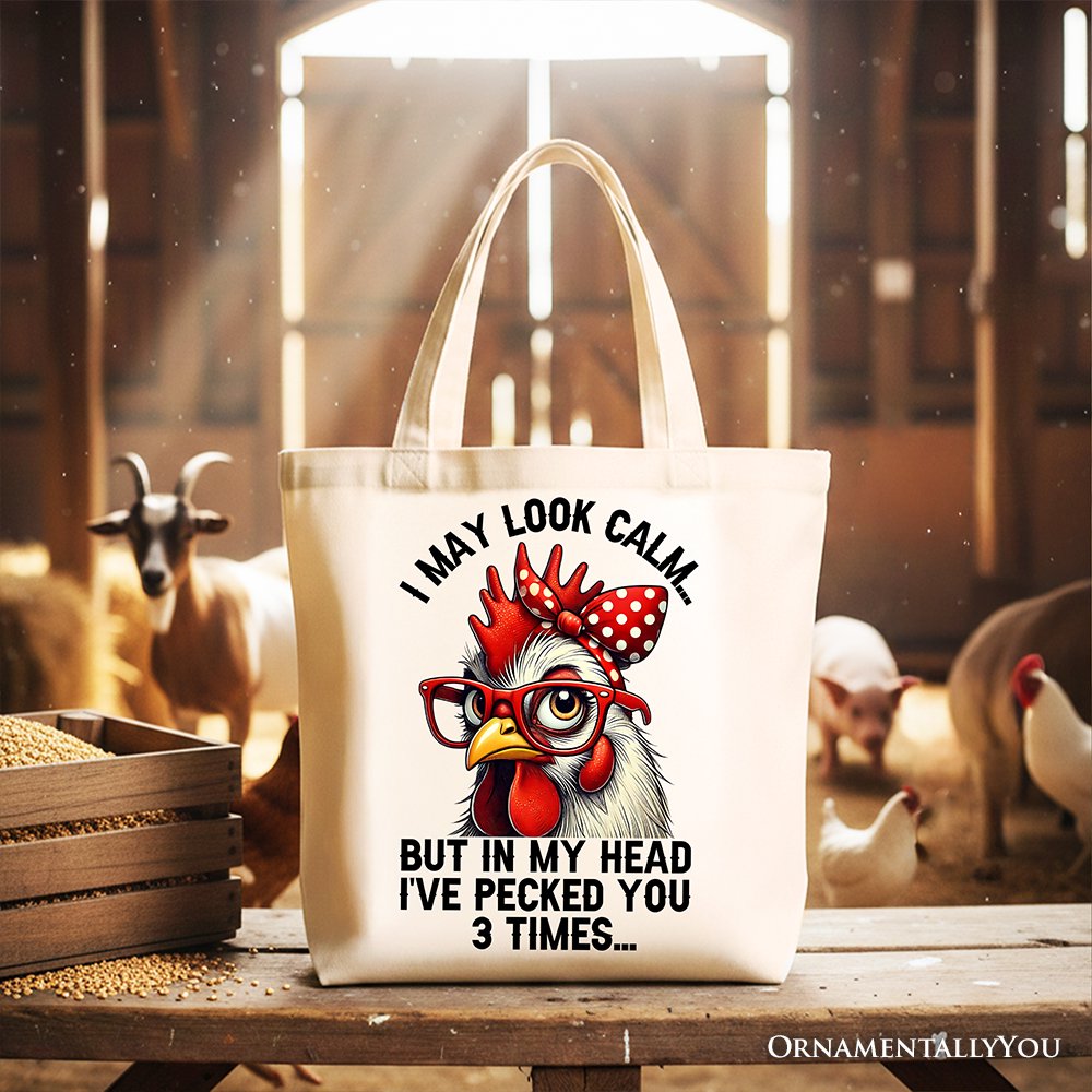 Pecking Chicken Tote Bag, Red Glasses and Bow White Gift Shopper for Sassy Women Tote Bag OrnamentallyYou Beige 