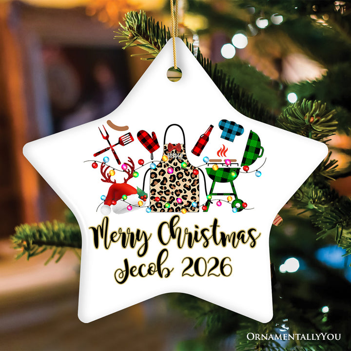 Personalized BBQ Buffalo Plaid Leopard Merry Christmas Ornament, Barbecue Gift