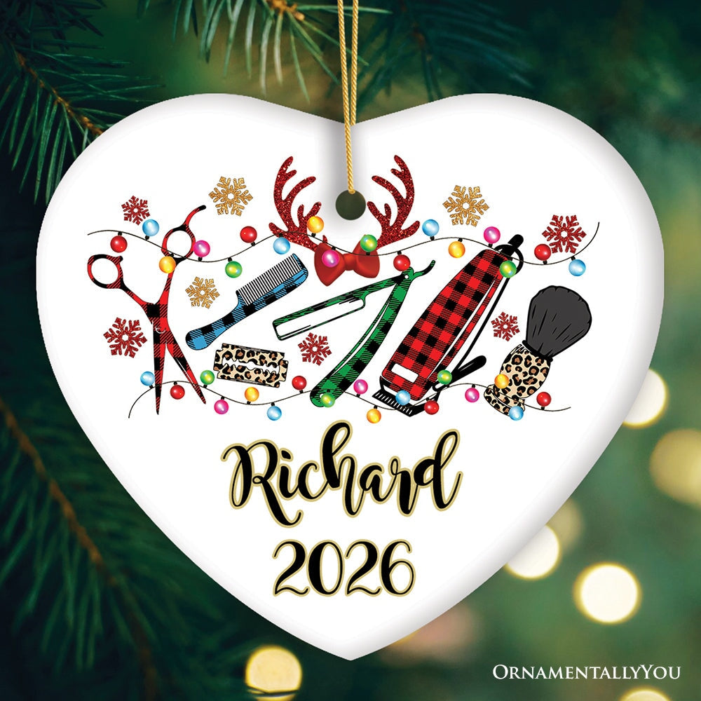 Personalized Barber Buffalo Plaid Leopard Merry Christmas Ornament, Barbershop Gift Ceramic Ornament OrnamentallyYou Heart 