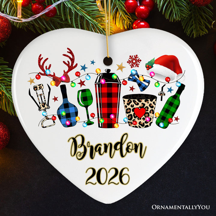 Personalized Bartender Buffalo Plaid Leopard Merry Christmas Ornament Gift