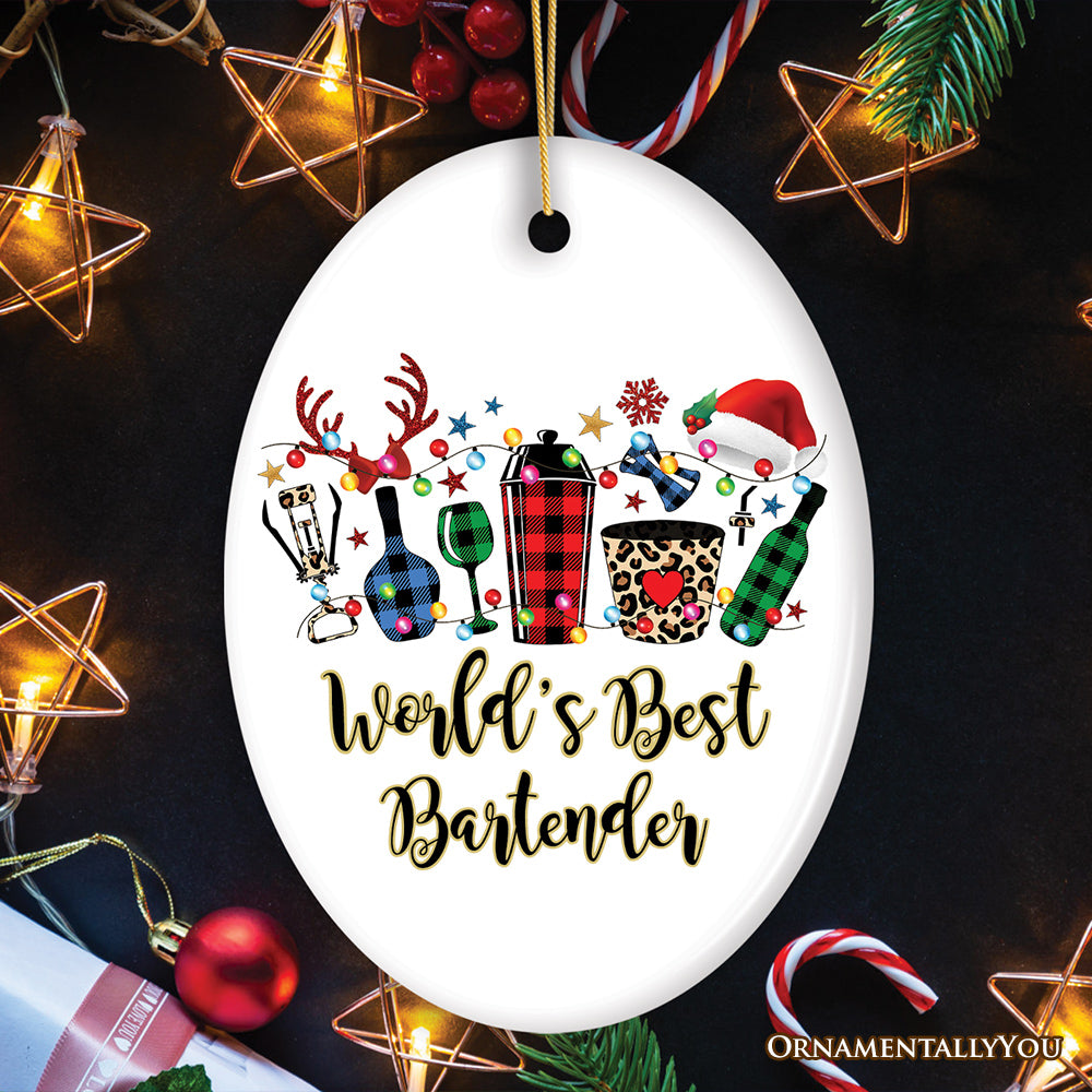 Personalized Bartender Buffalo Plaid Leopard Merry Christmas Ornament Gift