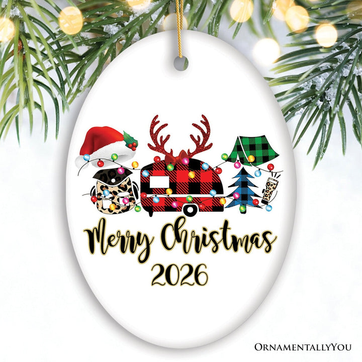 Personalized Camp Buffalo Plaid Leopard Merry Christmas Ornament, Camping Friends Gift Ceramic Ornament OrnamentallyYou Oval 