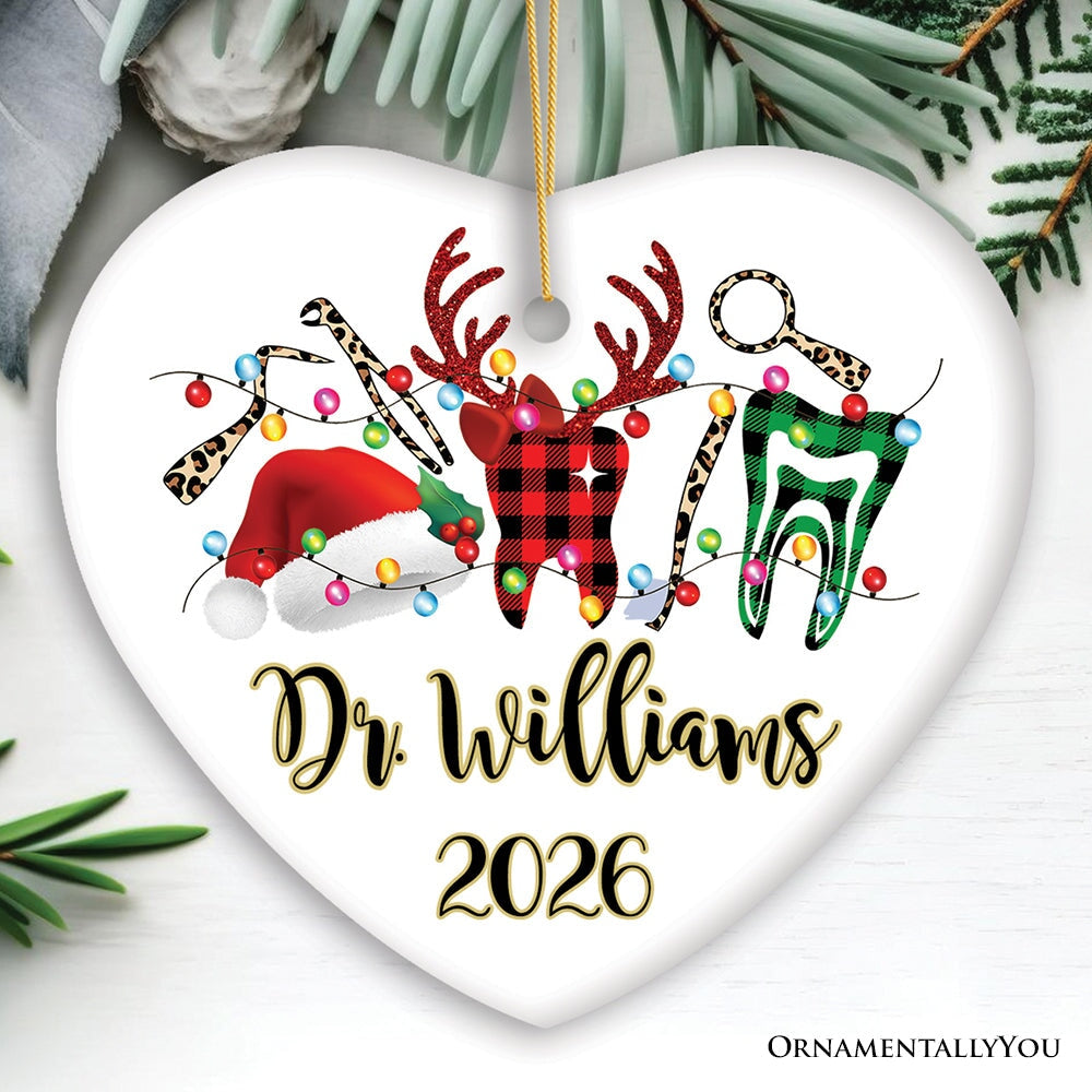 Personalized Dentist Buffalo Plaid Leopard Merry Christmas Ornament, Dental Gift Ceramic Ornament OrnamentallyYou Heart 