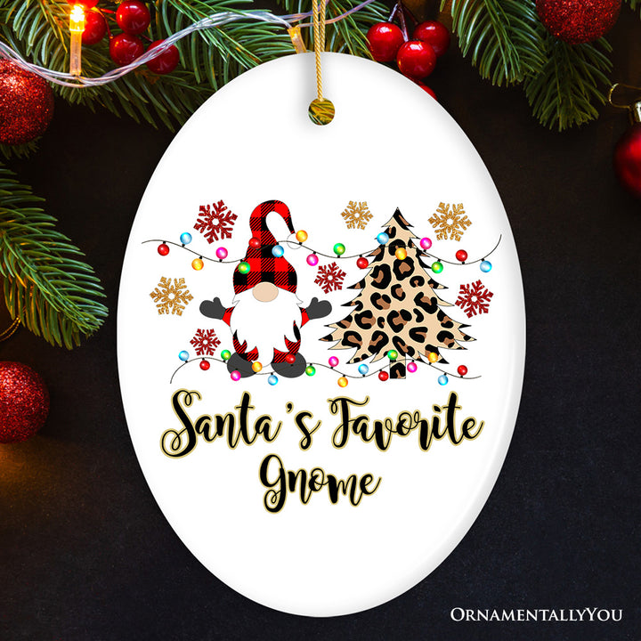 Personalized Gnome Plaid Leopard Merry Christmas Ornament Gift