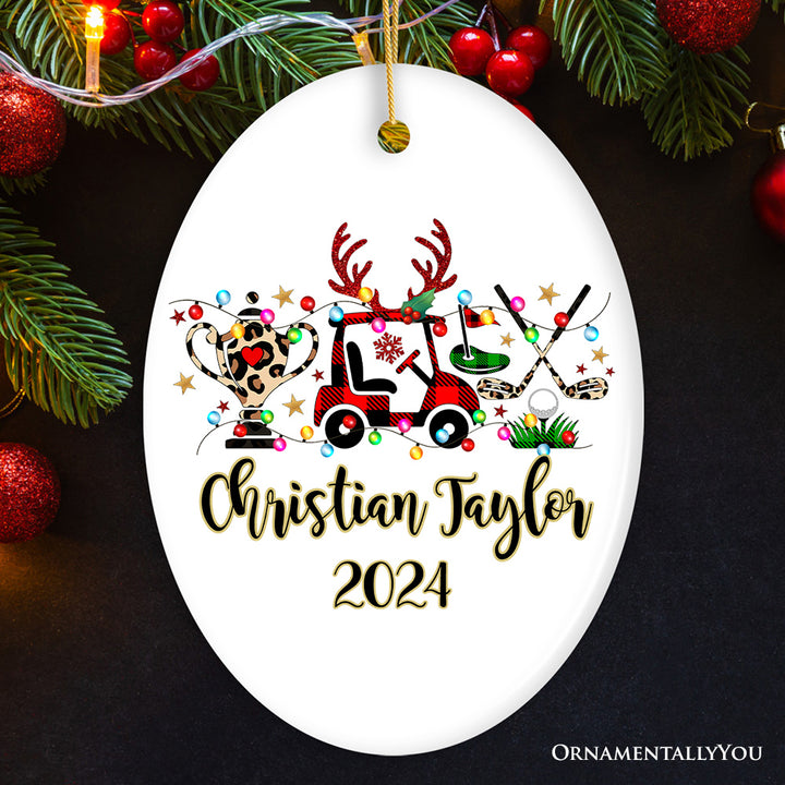 Personalized Golf Buffalo Plaid Leopard Christmas Ornament, Golf Cart, Putter and Trophy Golfing Gift