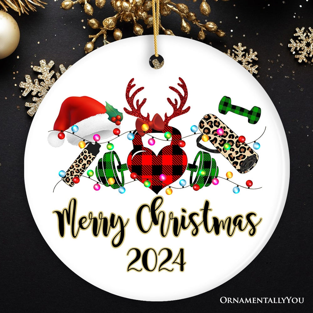 Personalized Gym Buffalo Plaid Leopard Merry Christmas Ornament, Personal Trainer Gift Ceramic Ornament OrnamentallyYou Circle 