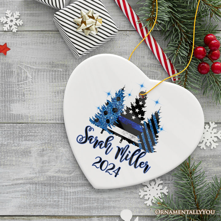 Personalized Police Officer Back The Blue Merry Christmas Trees Ornament, Retirement Gift