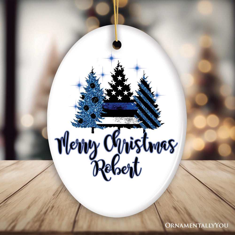 Personalized Police Officer Back The Blue Merry Christmas Trees Ornament, Retirement Gift