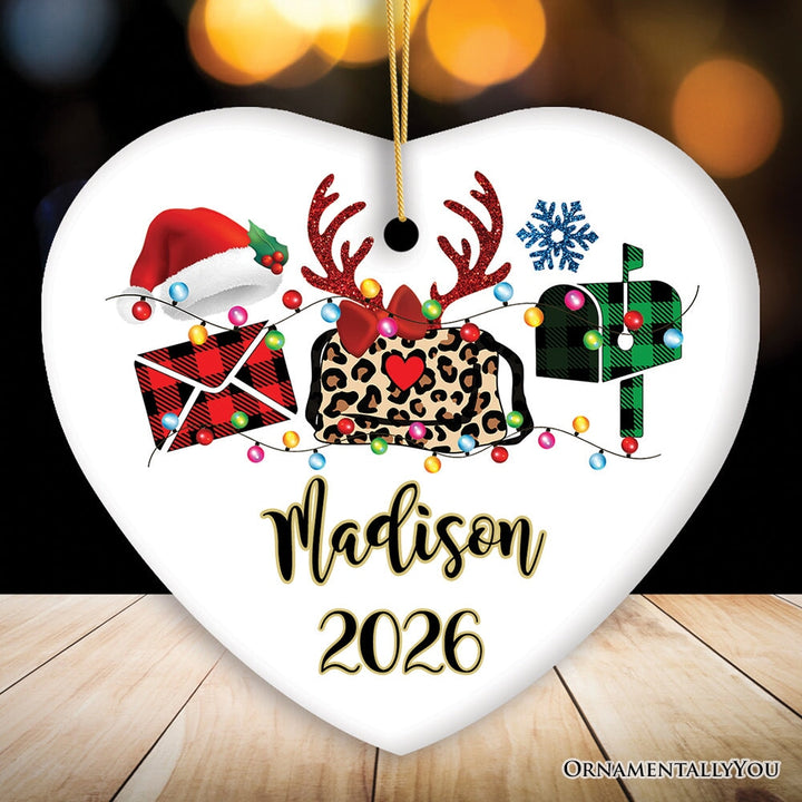 Personalized Postal Worker Buffalo Plaid Leopard Merry Christmas Ornament Gift Ceramic Ornament OrnamentallyYou Heart 