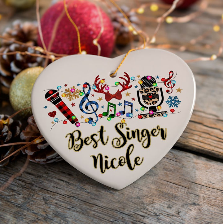 Personalized Singers Buffalo Plaid Leopard Merry Christmas Ornament, Microphone Gift Ceramic Ornament OrnamentallyYou Heart 