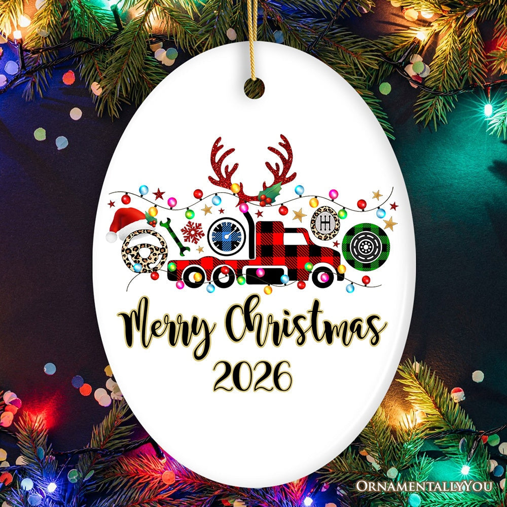 Personalized Truck Driver and Logistics Buffalo Plaid Christmas Ornament, Freight Delivery and Dispatcher Gift Ceramic Ornament OrnamentallyYou Oval 