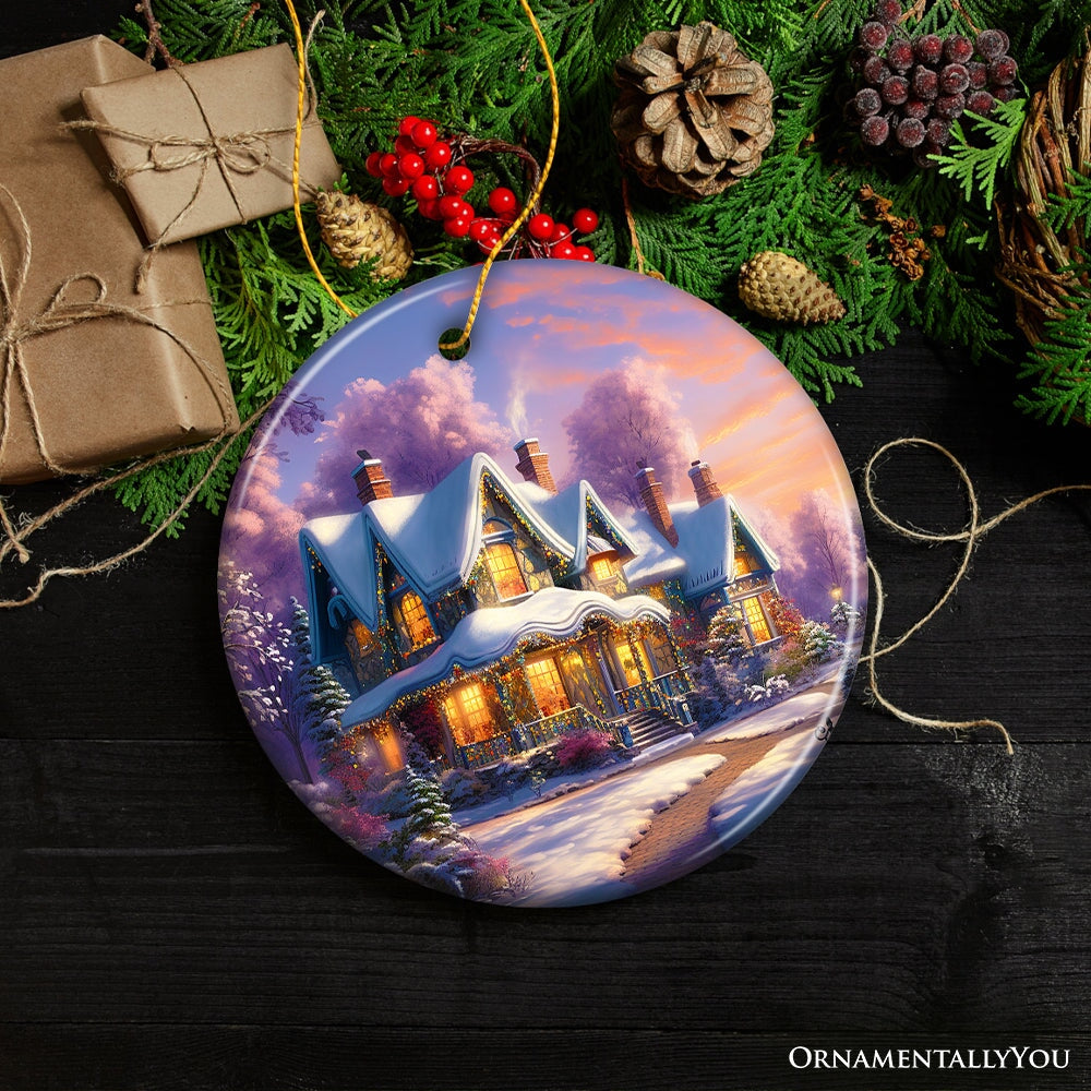 Picturesque Snowy Evening House Illustration Christmas Ornament, Peaceful Holiday Home Decoration Ceramic Ornament OrnamentallyYou Circle 