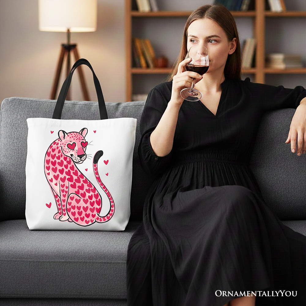 Pink Leopard Valentine Canvas Tote Bag, Cute Hearts Reusable Urban Bag