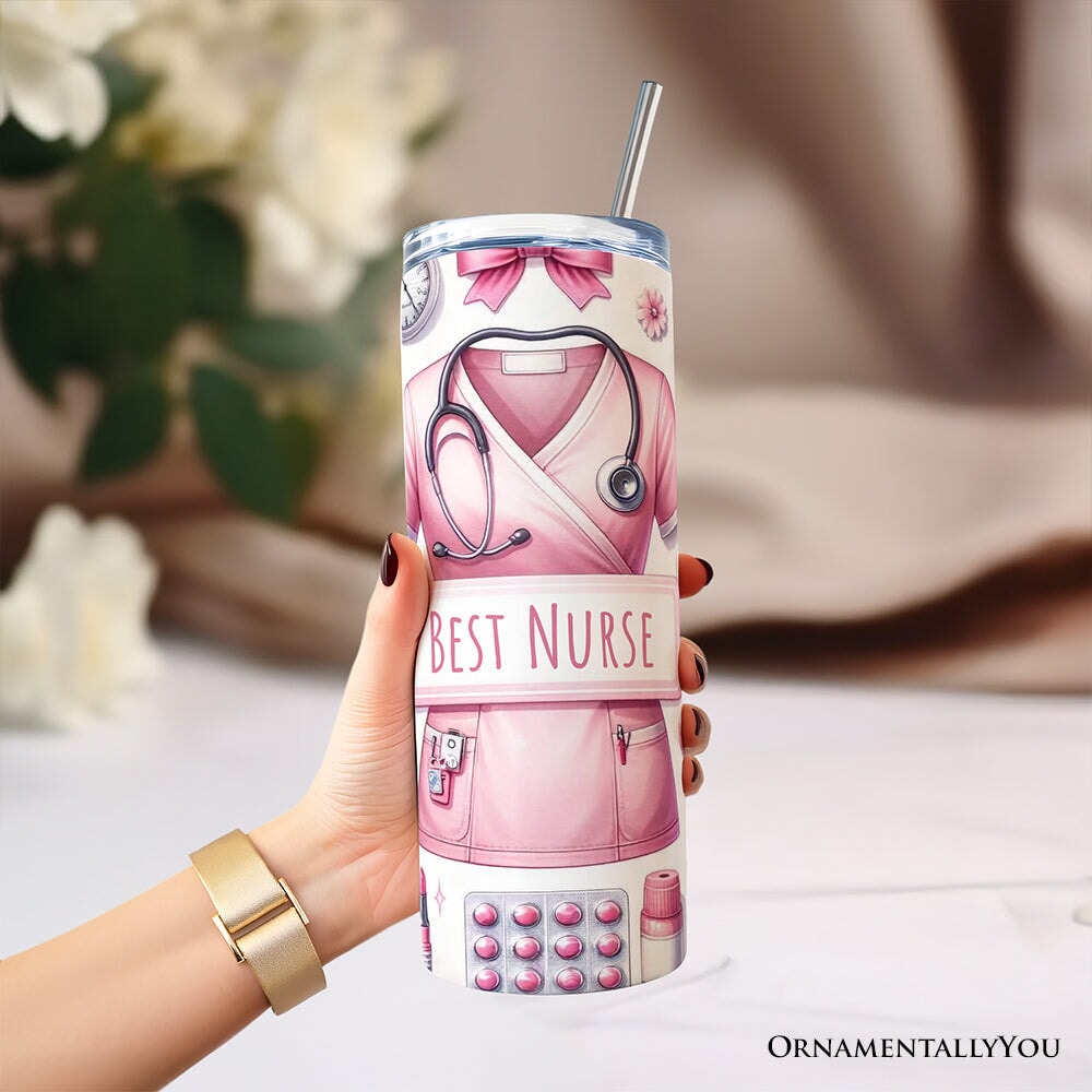 Pink Nurse Life 20oz Personalized Tumbler With Lid and Stainless Steel Straw, Medical Worker Appreciation Gift Cup Tumbler OrnamentallyYou 