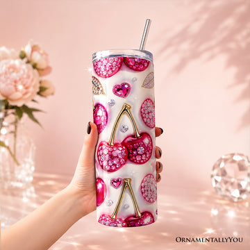 Pink Rhinestone Cherry Bow 20oz Personalized Tumbler With Lid and Stainless Steel Straw, Sparkly Valentine Coquette Gift Cup