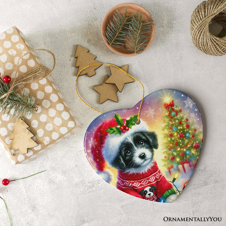 Playful Border Collie with Santa Hat Ornament, Festive Canine Christmas Decor Ceramic Ornament OrnamentallyYou 