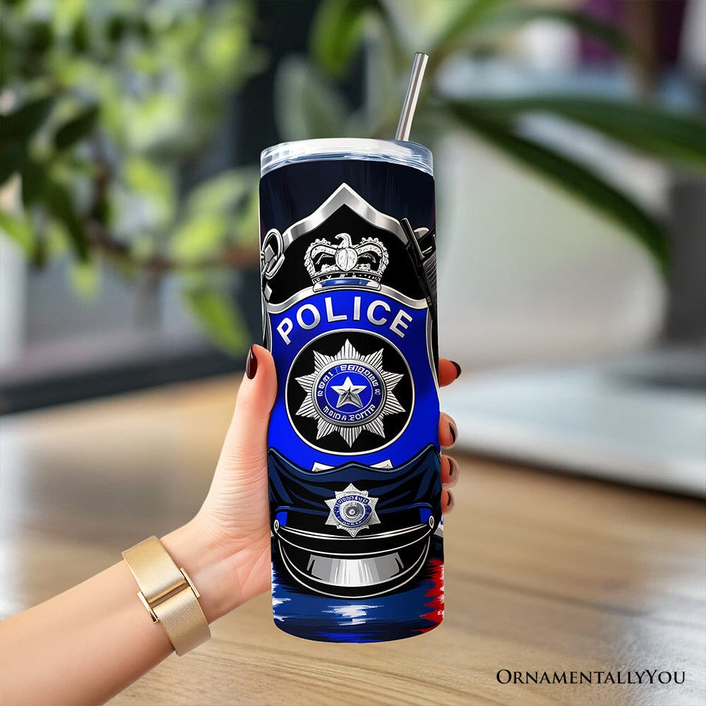 Police Badge and Patrol Car 20oz Personalized Tumbler With Lid and Stainless Steel Straw, Law Enforcement Appreciation Gift Cup Tumbler OrnamentallyYou 