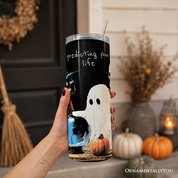 Predicting Your Life Witch Raccoon Ghost 20oz Personalized Tumbler With Lid and Stainless Steel Straw, Funny Halloween Crystal Ball Gift Cup