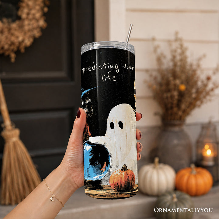 Predicting Your Life Witch Raccoon Ghost 20oz Personalized Tumbler With Lid and Stainless Steel Straw, Funny Halloween Crystal Ball Gift Cup