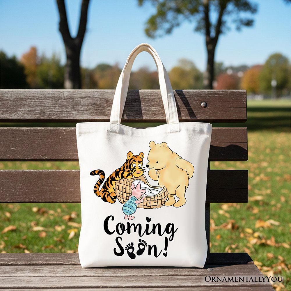 Pregnancy Announcement Winnie-the-Pooh Tote Bag 1926 A.A. Milne Baby Coming Soon Mom Gift Shopper Tote Bag OrnamentallyYou White 