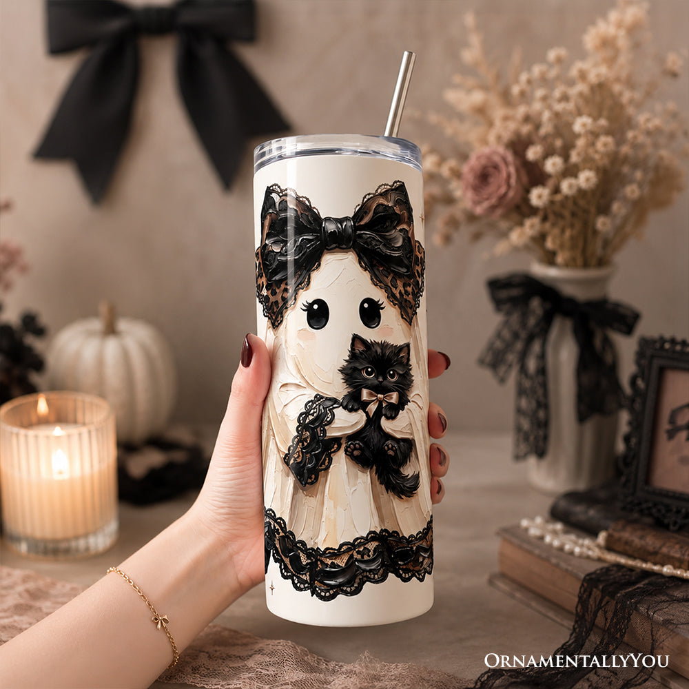 Preppy Ghost With Black Cat 20oz Personalized Tumbler With Lid and Stainless Steel Straw, Coquette Gothic Halloween Gift Cup