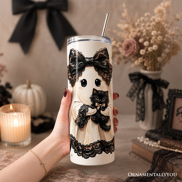 Preppy Ghost With Black Cat 20oz Personalized Tumbler With Lid and Stainless Steel Straw, Coquette Gothic Halloween Gift Cup