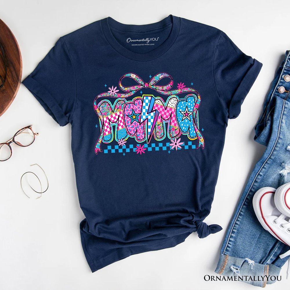 Preppy Mama Checkered Retro T-Shirt, Lightning Bolt Mom Tee T-Shirts OrnamentallyYou Navy XS 
