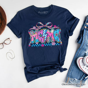 Preppy Mama Checkered Retro T-Shirt, Lightning Bolt Mom Tee T-Shirts OrnamentallyYou Navy XS 