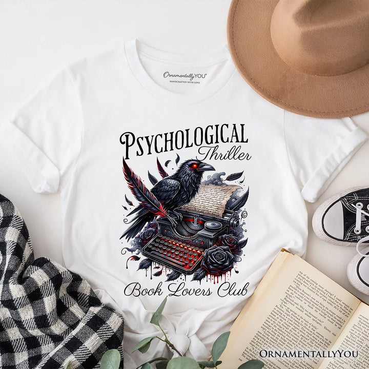 Psychological Thriller Book Lovers Club T-Shirt, Gothic Raven Typewriter Bookish Tee T-Shirts OrnamentallyYou White XS 