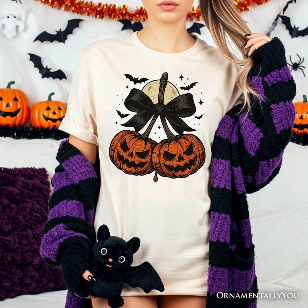 Pumpkin Cherries Coquette Bow T-Shirt, Retro Halloween Fall Season Tee for Sweet Autumn Girls T-Shirts OrnamentallyYou 
