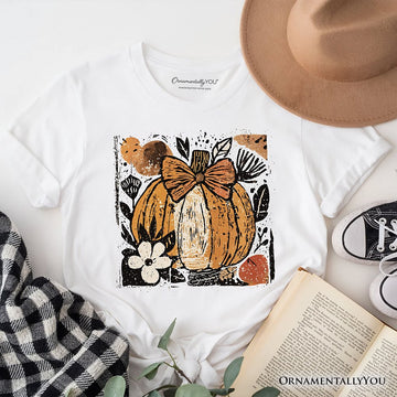 Pumpkin Fall Floral T-Shirt, Thanksgiving Coquette Bow Tee T-Shirts OrnamentallyYou White XS 