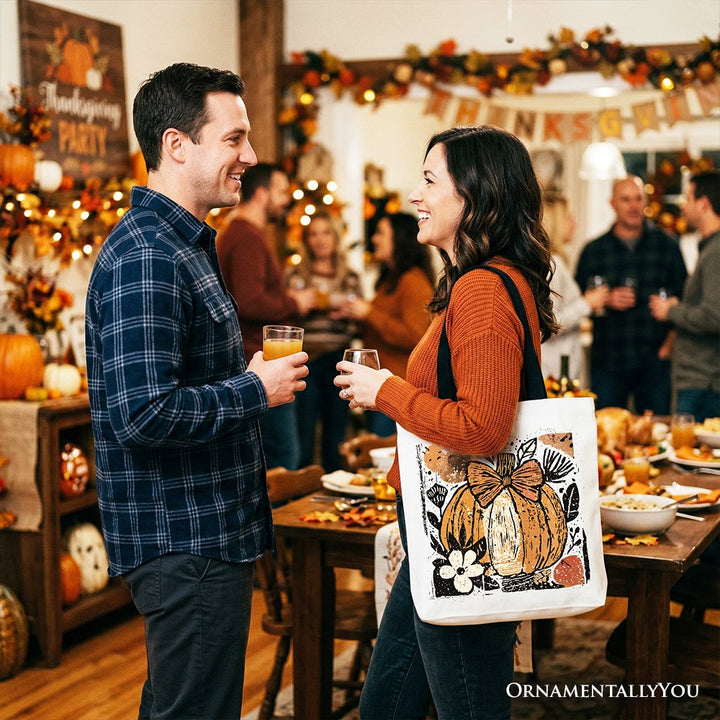 Pumpkin Fall Floral Tote Bag, Thanksgiving Coquette Bow Gift Shopper Tote Bag OrnamentallyYou 